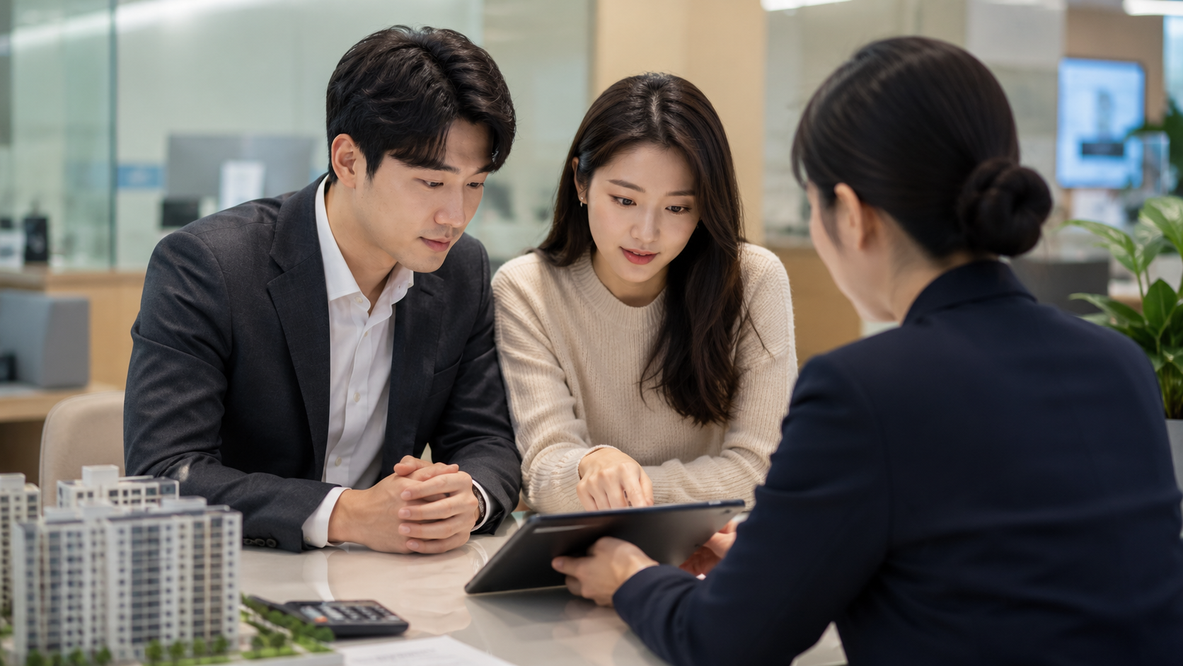 고가 아파트 매수를 준비하는 맞벌이 부부 대출 상담 장면