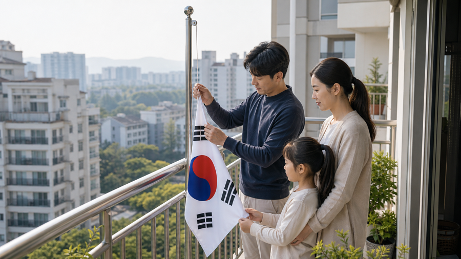 현충일 조기 게양 방법을 확인하는 한국 가정