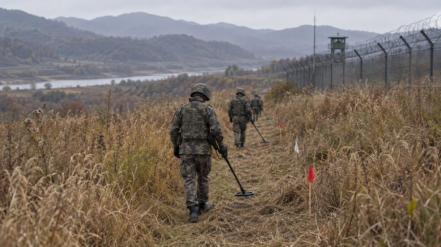 DMZ 수색로에서 지뢰를 탐지하는 장병들
