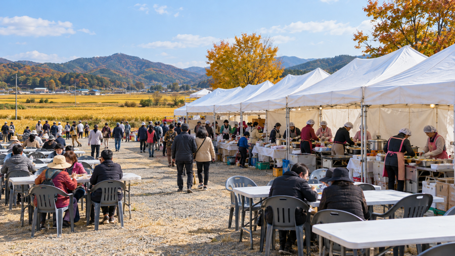 가을 축제 먹거리 장터의 음식 부스 풍경